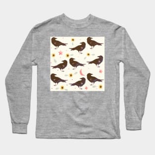 Flower, Crow, Moon and Stars Pattern Long Sleeve T-Shirt